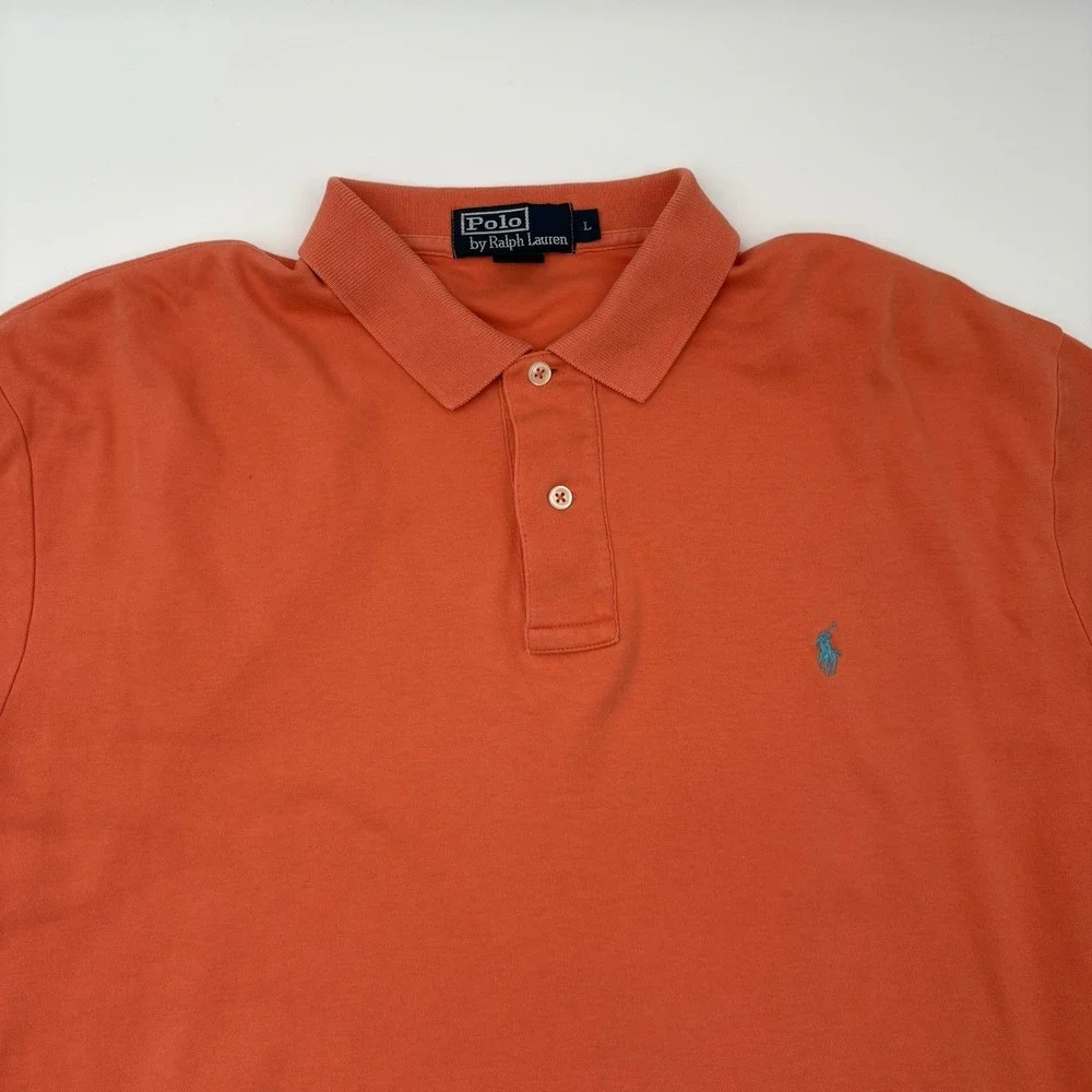 Polo Ralph Lauren Shirt Mens L Orange Cotton Vintage Pique Short Sleeve Polo